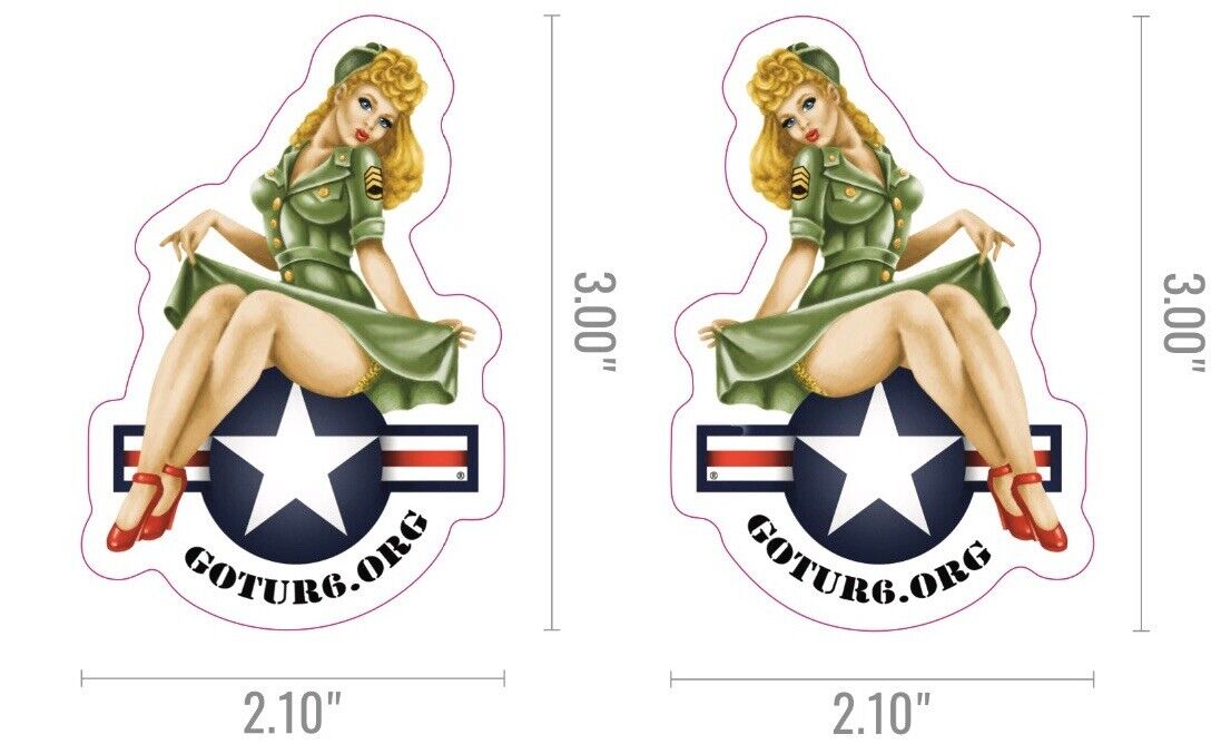 WWII Bomber Got Ur 6 pinup girl 2x3 opposing stickers. WWII Nose art GotUr6.org