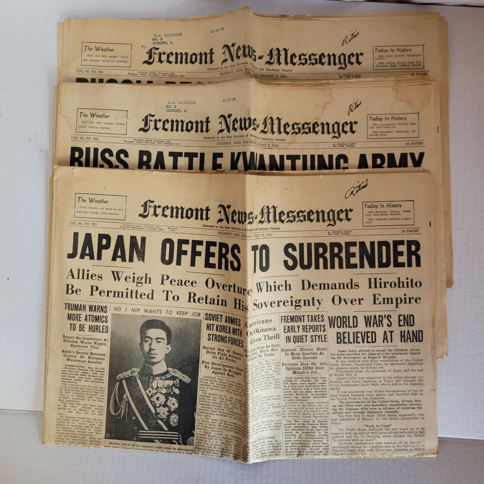 WWII August 8, 9, 10 FREMONT NEWS MESSENGER 1st Sections Atomic Bombs, Surrender