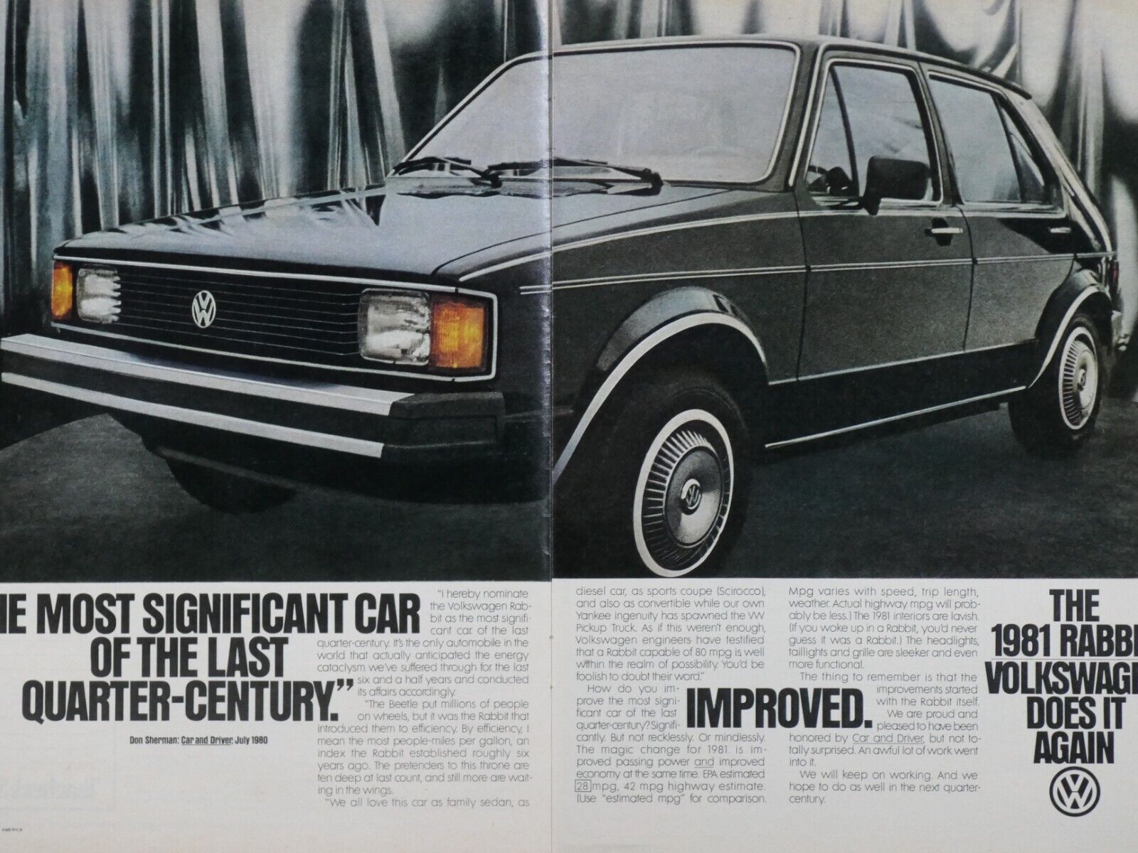 1981 Volkswagen Rabbit Vintage VW Does It Again Original Print Ad 2 Page