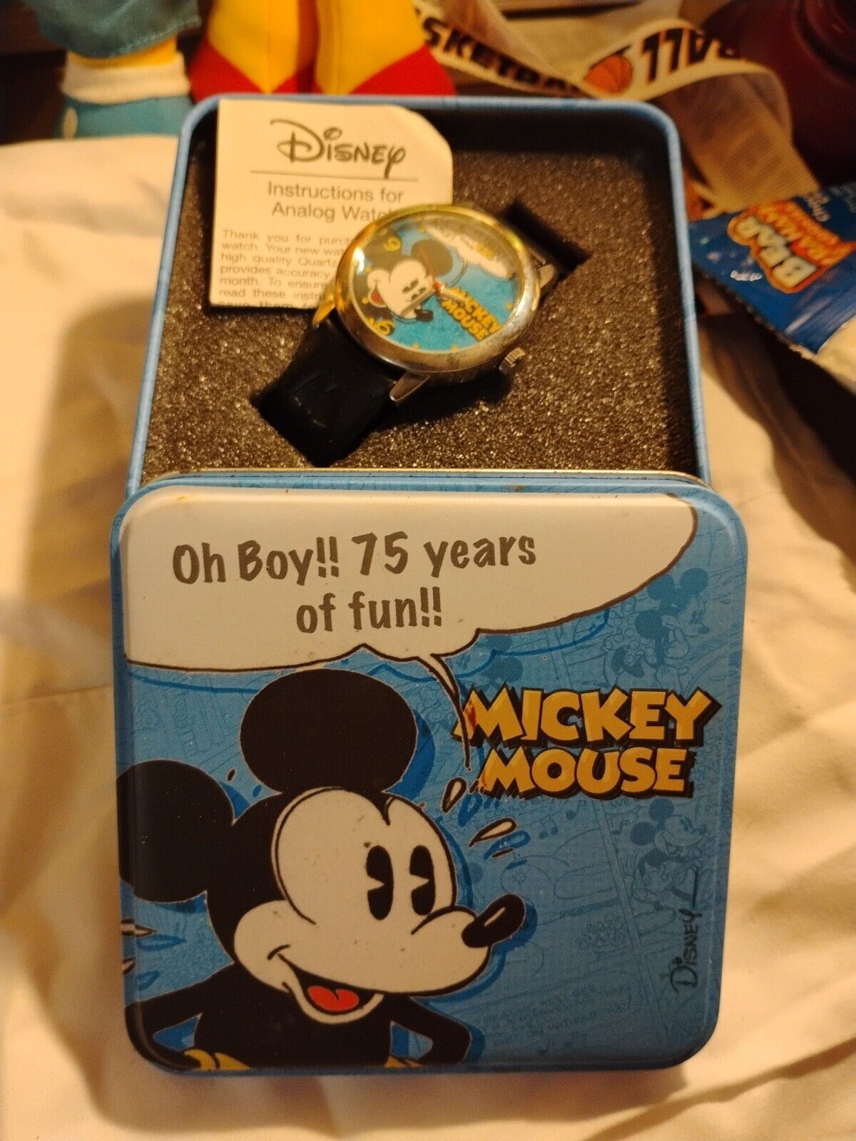Disney Mickey Mouse Black Strap Watch - Blue Face -F325781. New in Tin w/ box