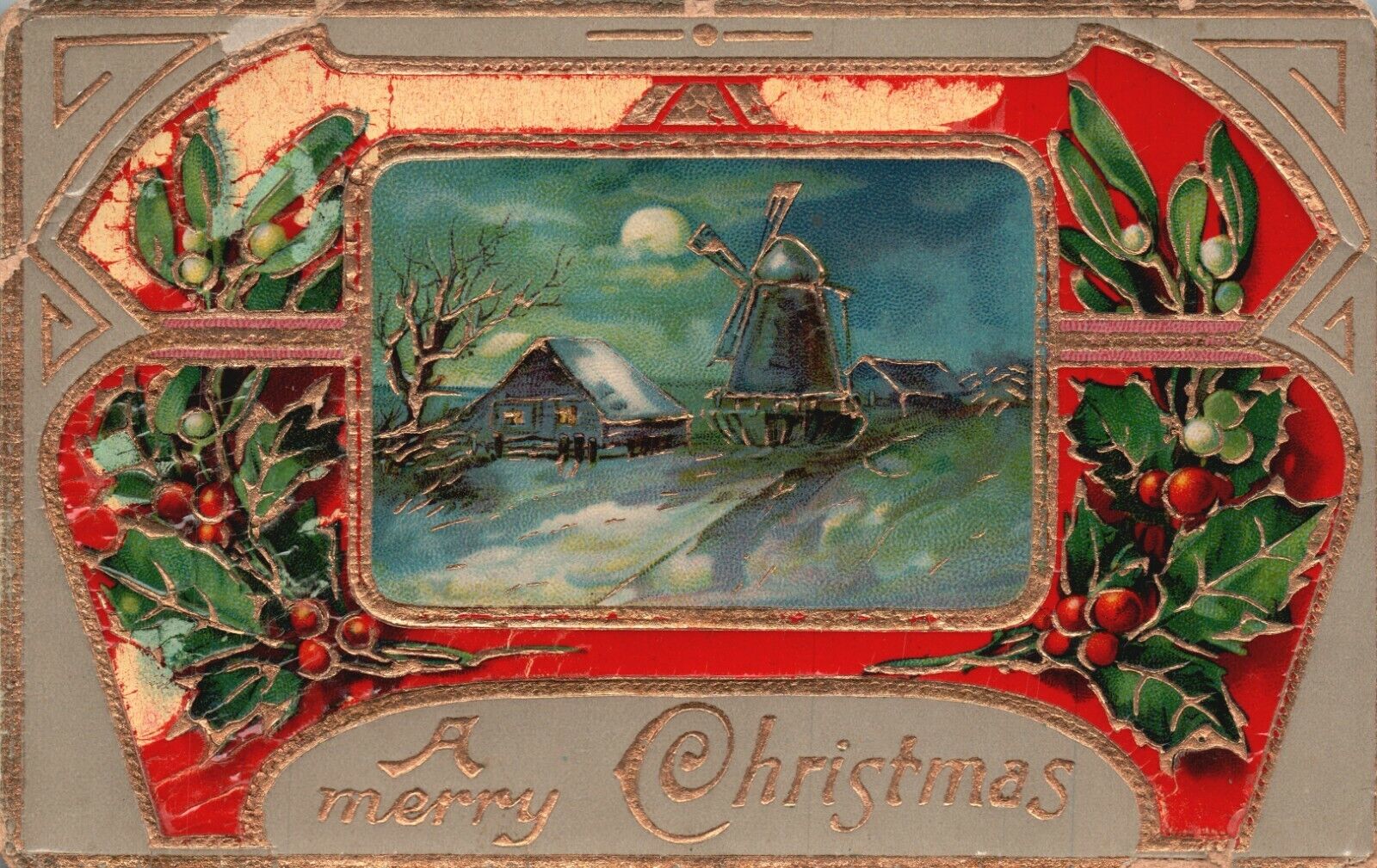 Vintage Postcard Embossed Merry Christmas Windmill Farmstead Scene