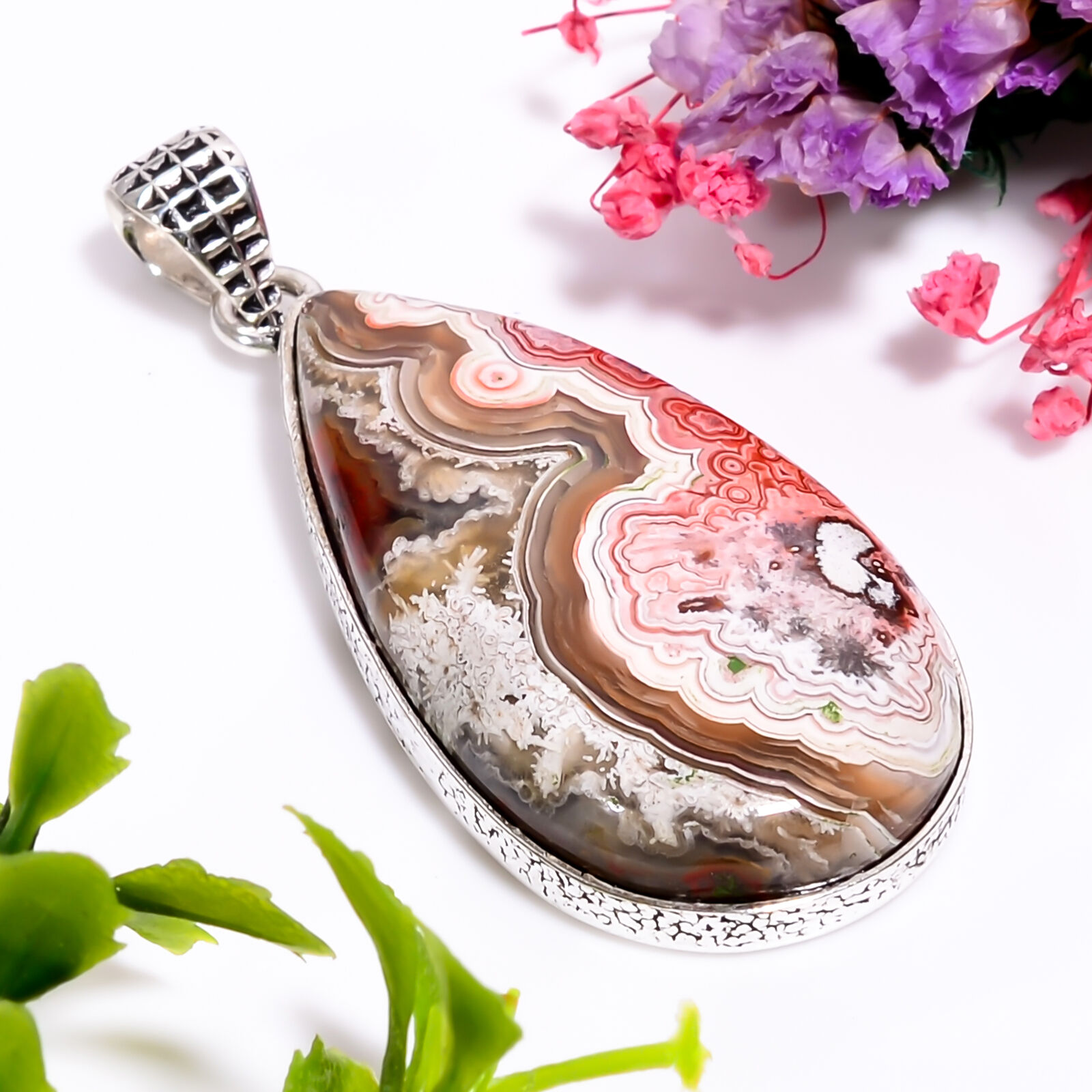 Crazy Lace Agate Gemstone Ethnic Handmade 925 Silver Plated Pendant 1.8\