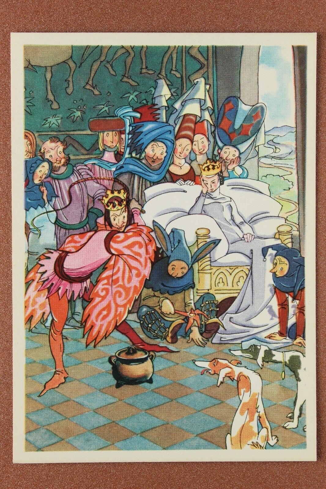 Stupid King. Tyranny whip. Magic pot. Borzoi Dog. Jester. Russian postcard 1965