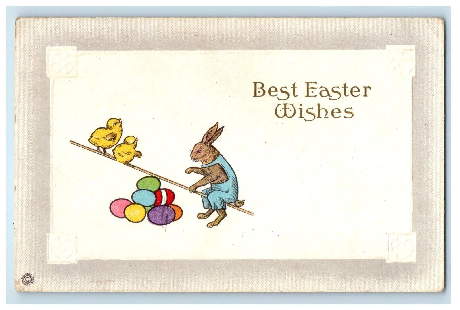 c1910\'s Best Easter Wishes Anthropomorphic Rabbit Chicks Playing Eggs Postcard