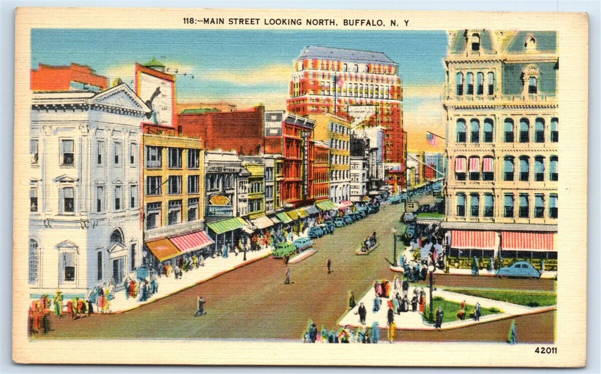 Postcard Main Street looking North, Buffalo NY linen 1945 J146