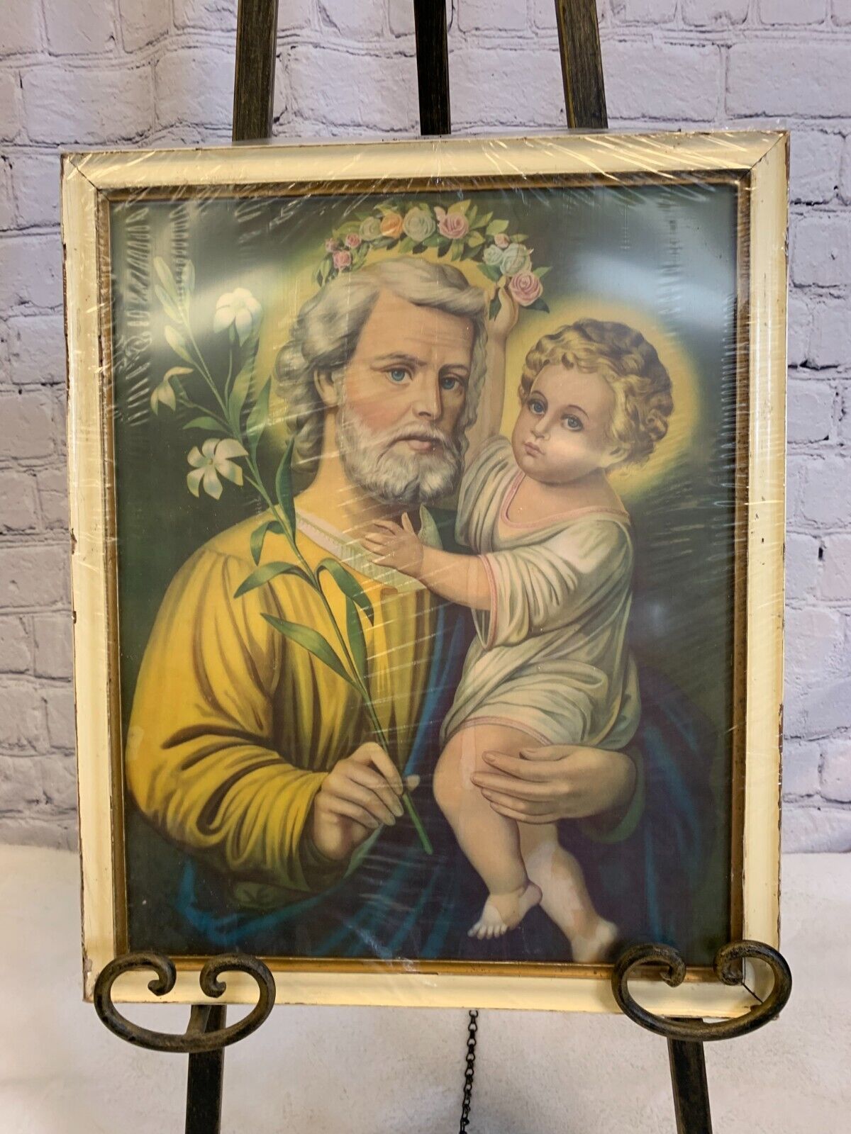 Vintage Framed Print of Saint Joseph and Child Jesus Garland Flowers by Leiber