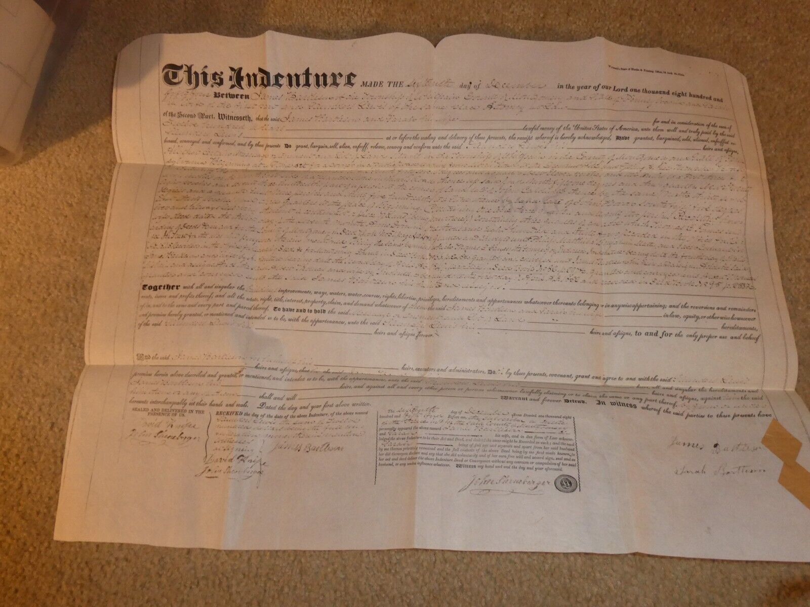 Original 1854 Indenture Deed Document Land Sale Montgomery County Pennsylvania