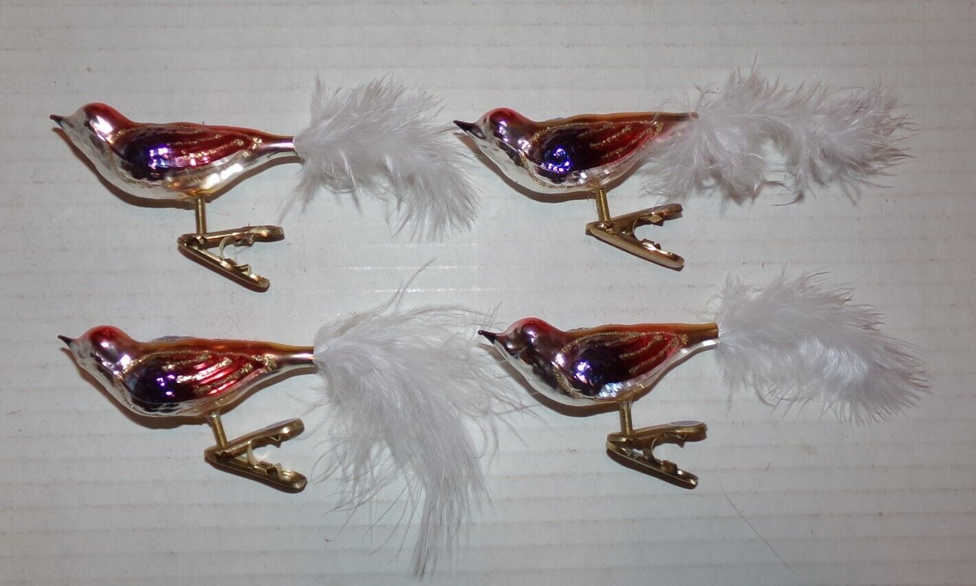 4 Vintage Mercury Glass Clip On BIRD Ornament ~ Made in GERMANY w/ Stickers