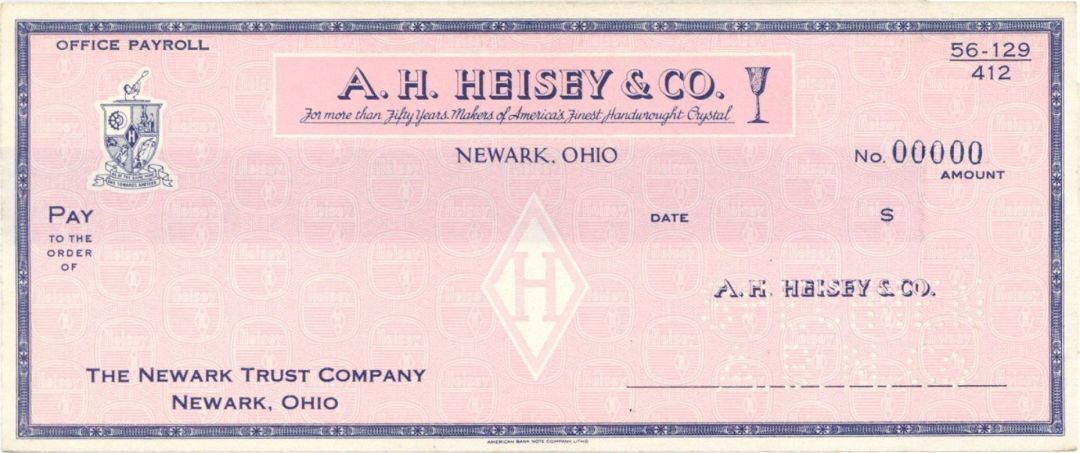 A.H. Heisey and Co. - American Bank Note Company Specimen Checks - American Bank