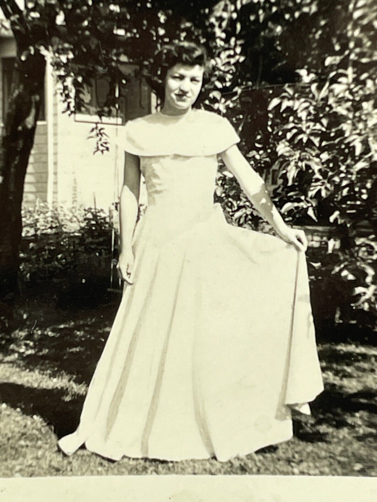 VE Photograph 1940's Pretty Woman Posing Portrait Showing Off White Dress Lovely