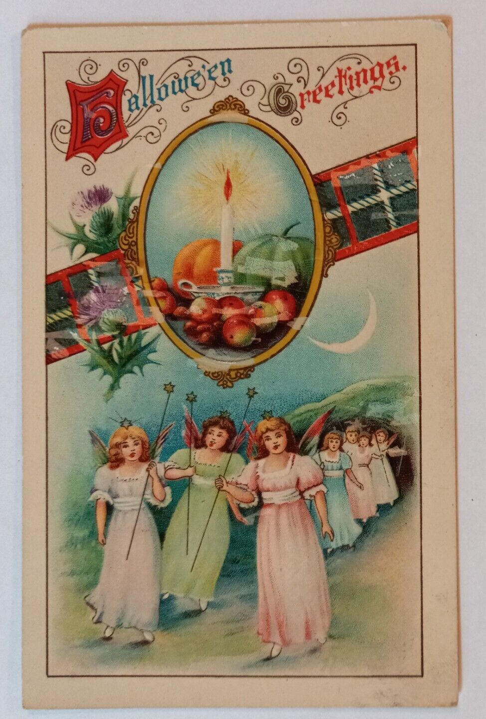 Antique Halloween Gelatin Postcard, Gottschalk Series 2504, Good Witch Fairies