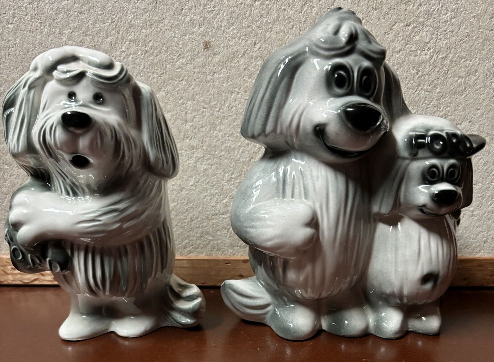 Set of 2 1950s Florence Ceramics Ford Dealer Promo Bank Shaggy Dog Made CA USA