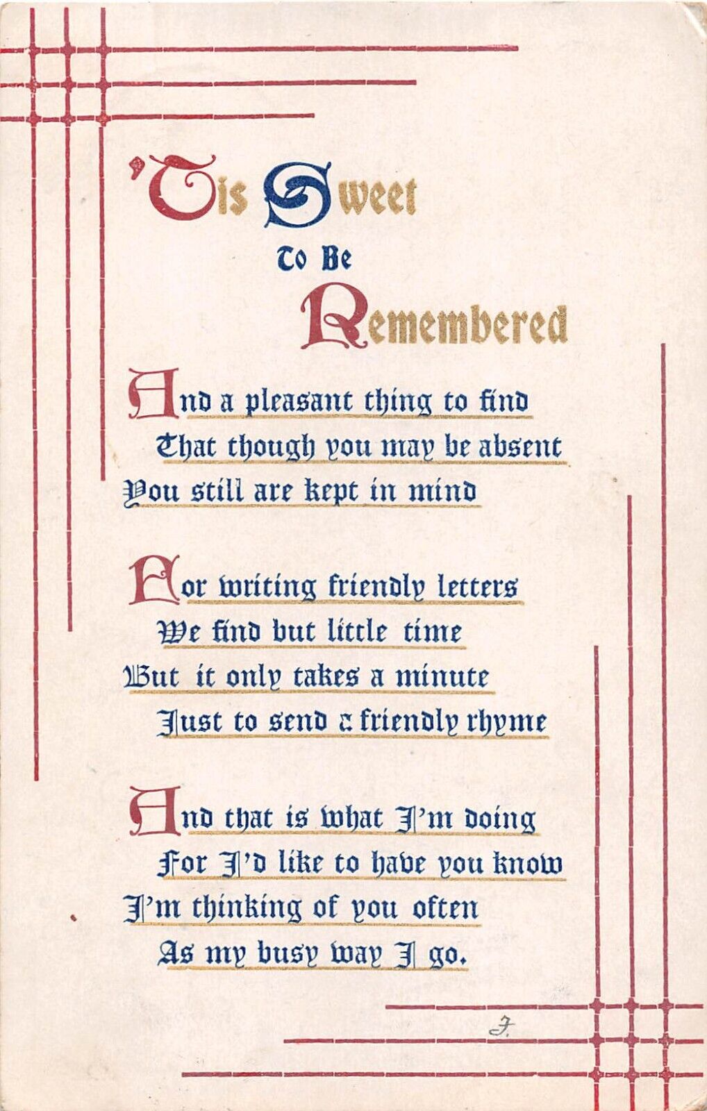 1910 Motto Postcard Titled \'Tis Sweet To Be Remembered - Sandford Card Co.