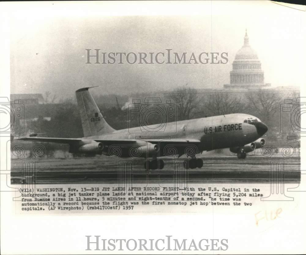 1957 Press Photo Jet Plane lands at United States Capitol from Buenos Aires