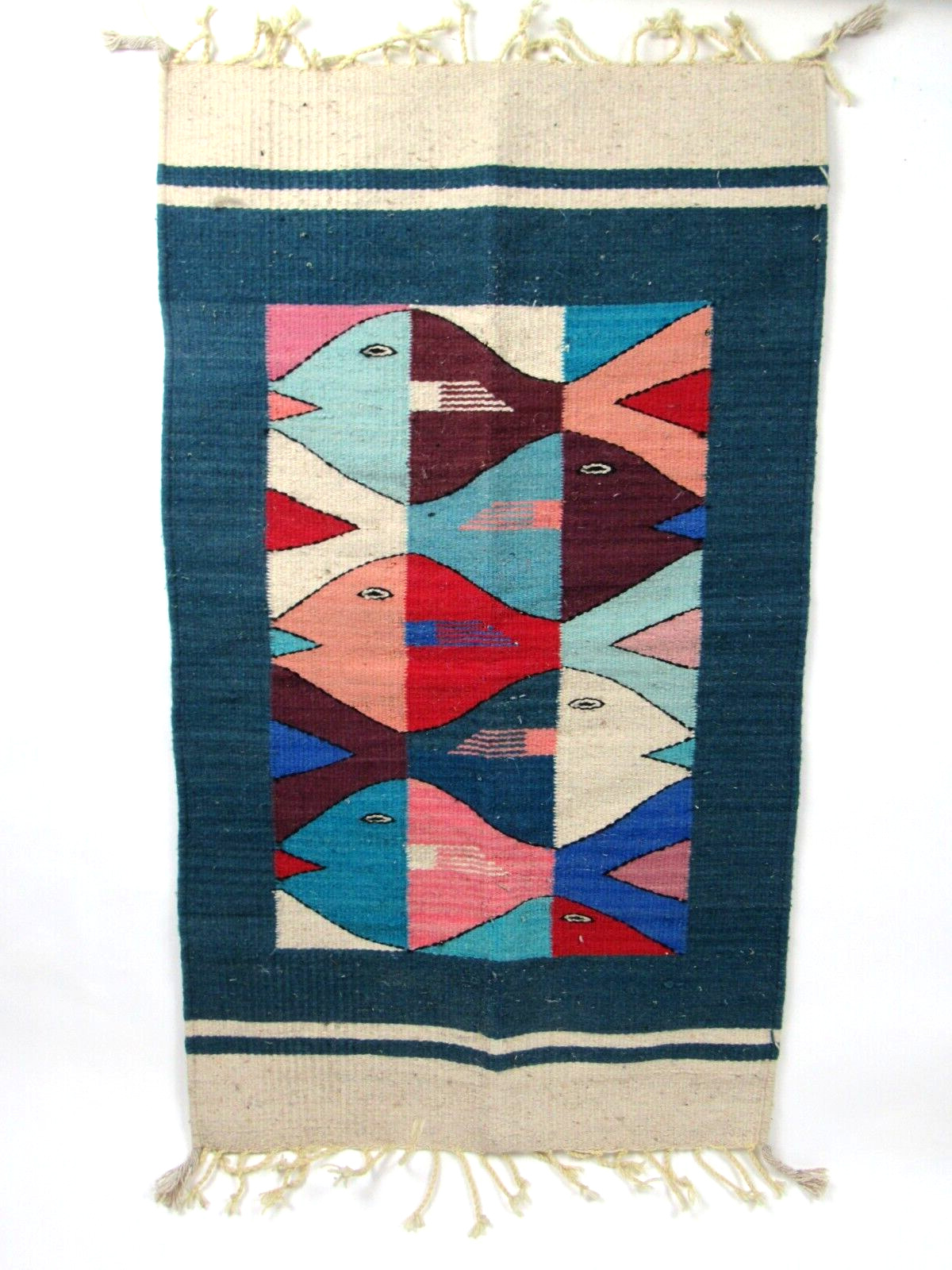 Vintage Zapotec Oaxacan Fringed Wool Rug Fish Stories Rug 38.5” X 22.5” Mexican