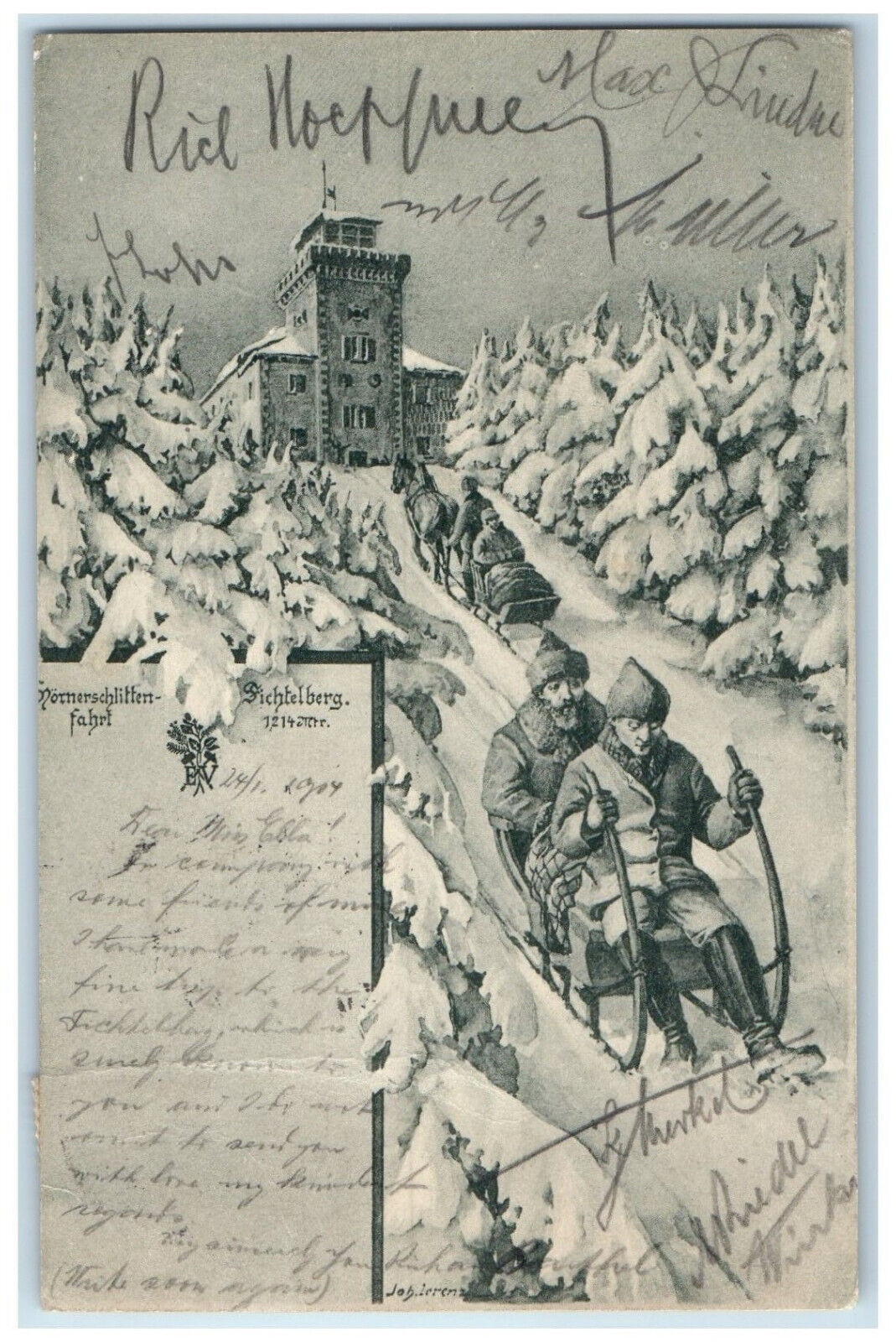 1904 Mornershlitten Drive Fichtelberg Winter Sleigh Germany Antique Postcard