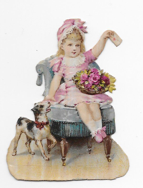 1888 Chromo deCoupis, French GIRL PINK & DOG, Antique Die-Cut 2-1/4\