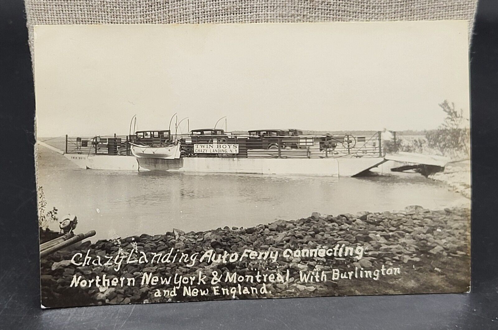 Antique real photo postcard of Chazy Landing auto Ferry, New York, posted