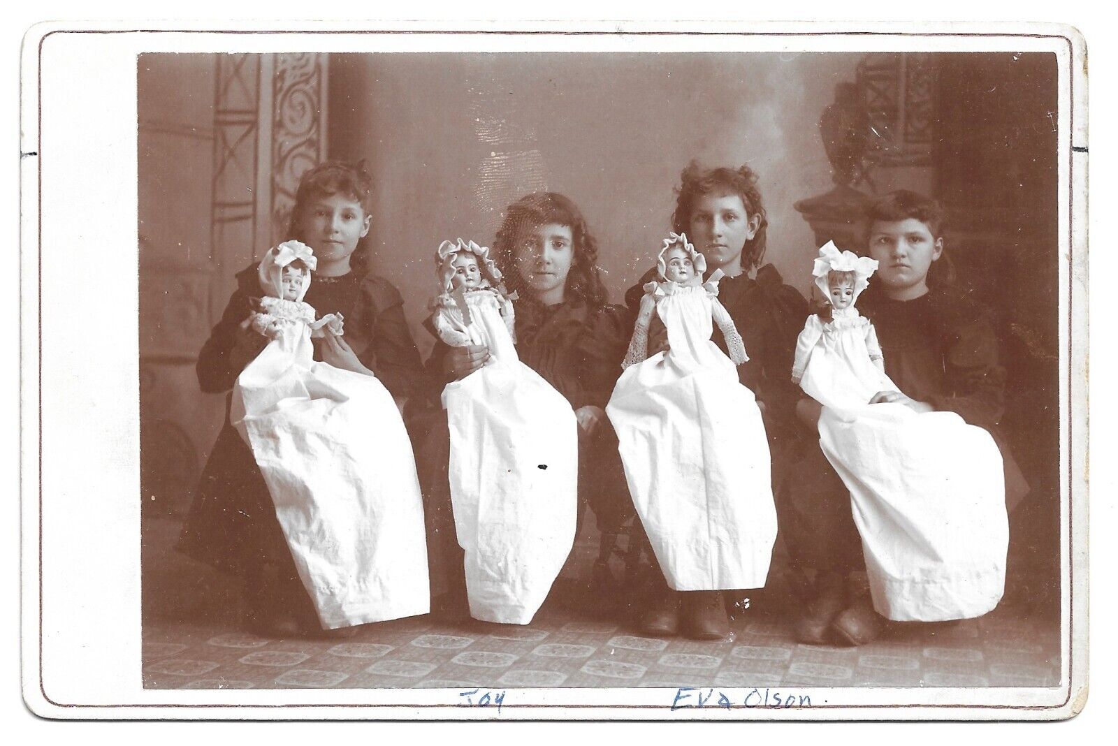 GREAT, Girls With Long Dressed Dolls, Antique Cabinet Card Photo