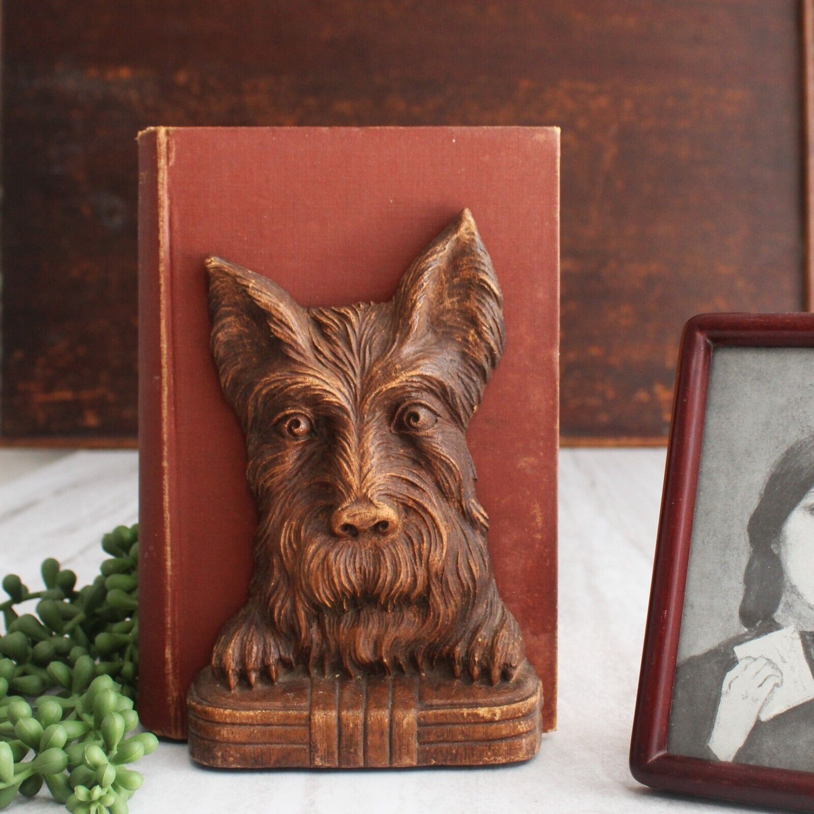 Vintage Faux Wood Carved Scottish Terrier Bookend.