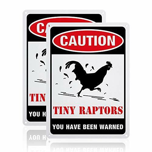 2 Pack Caution Tiny Raptors Sign, Aluminum Funny Chicken Coop Signs for Farm