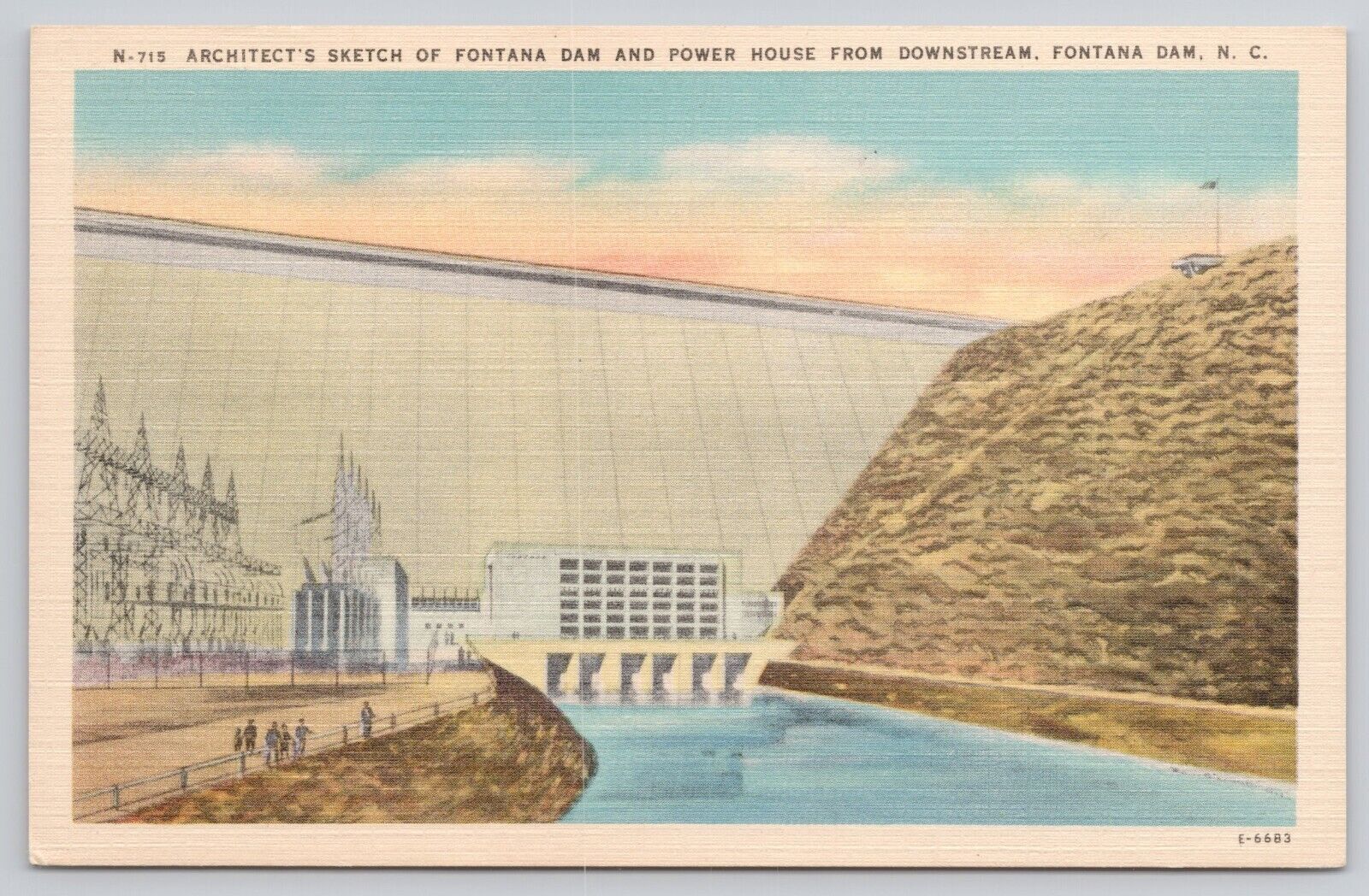 Postcard architect Sketch showing Fontana Dam, North Carolina.