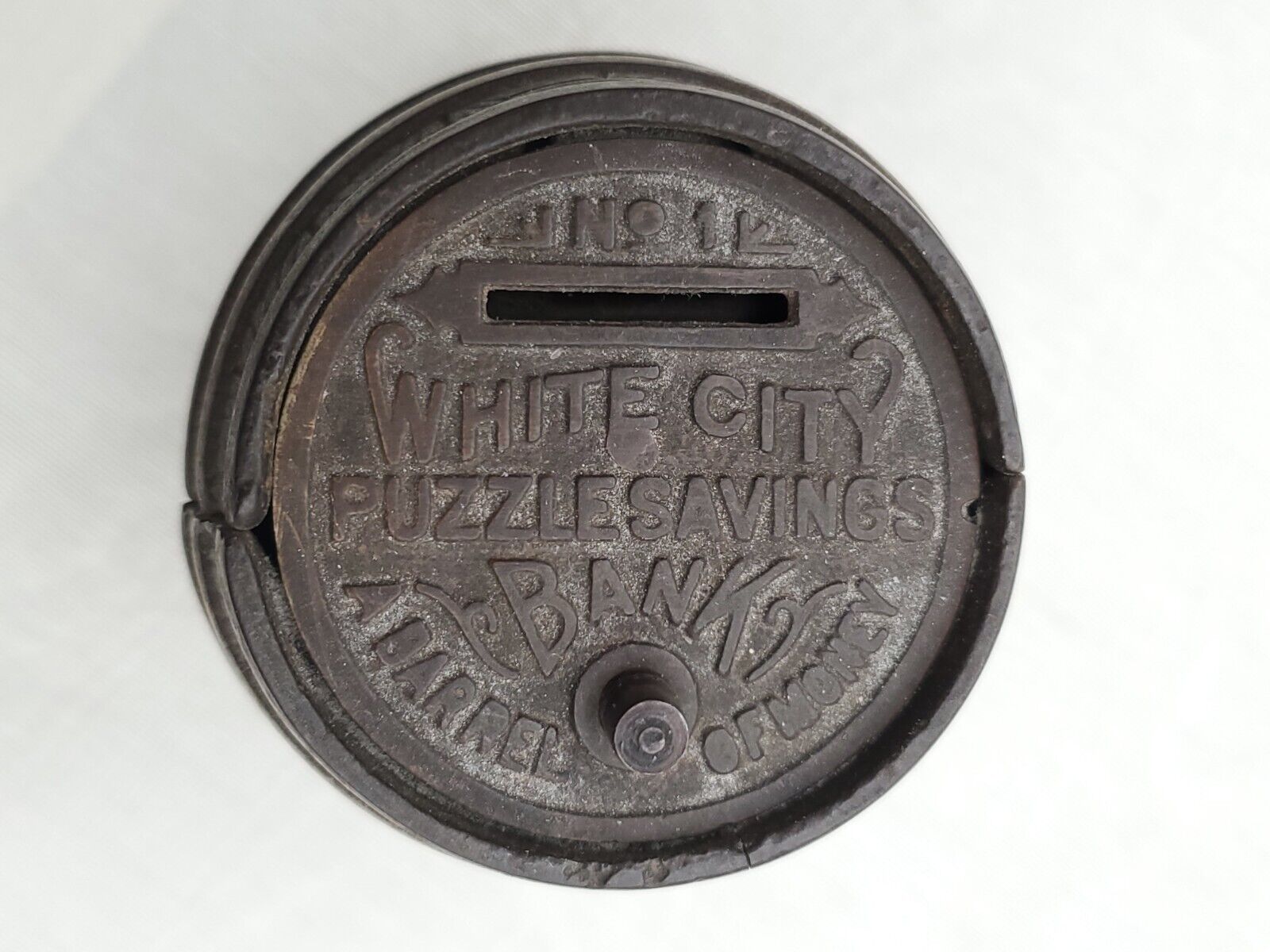 1894 ADVERTISING BANK #1 WHITE CITY PUZZLE SAVINGS CAST BARREL OF MONEY CHICAGO