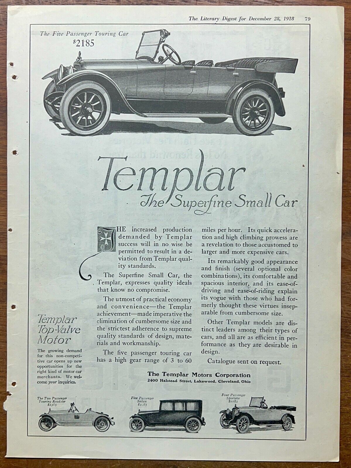 1918 TEMPLAR MOTORS Print Ad - Touring Roadster - Sportelle - Sedan - Superfine