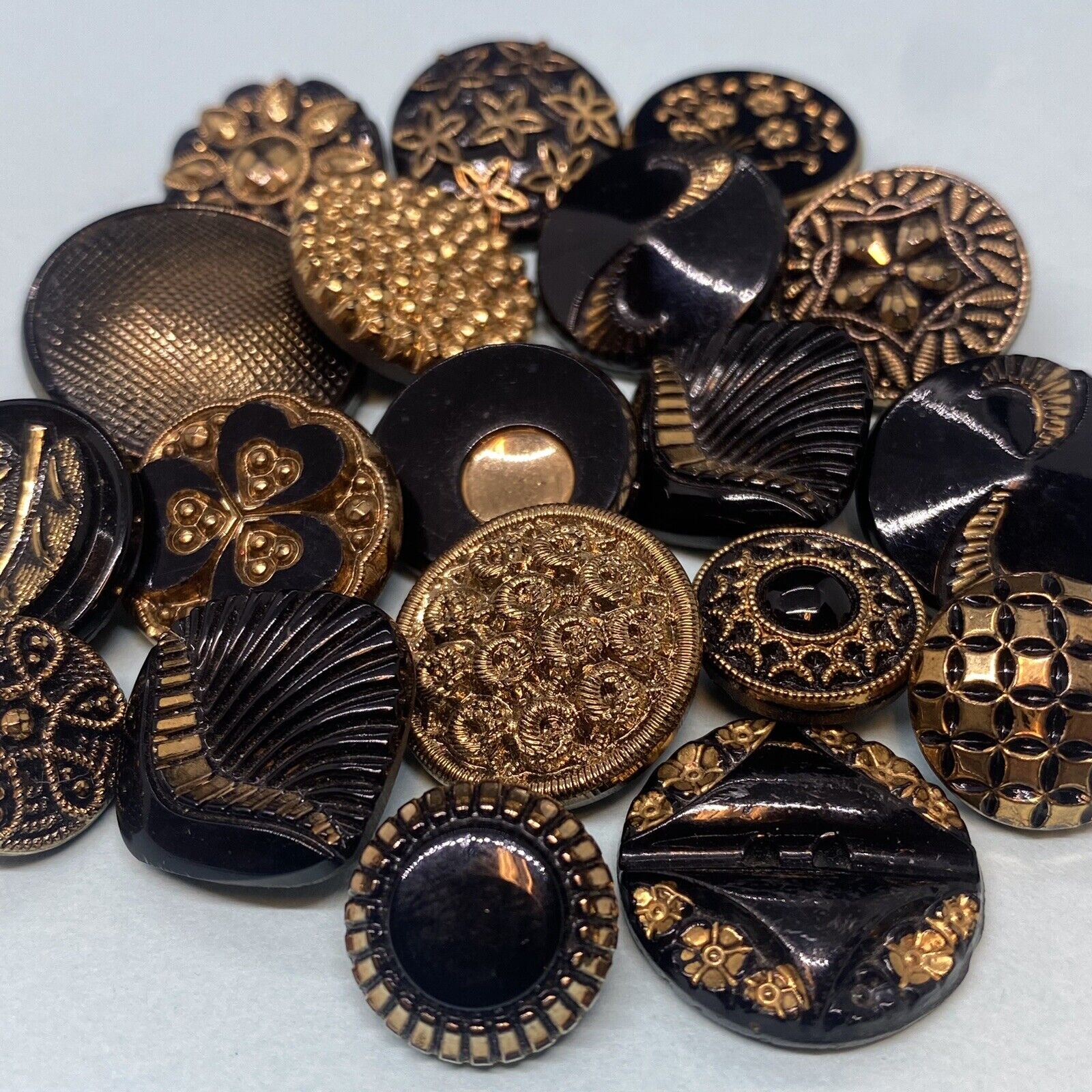 Vintage Black Glass Button Lot Gold Luster Painted Incised 