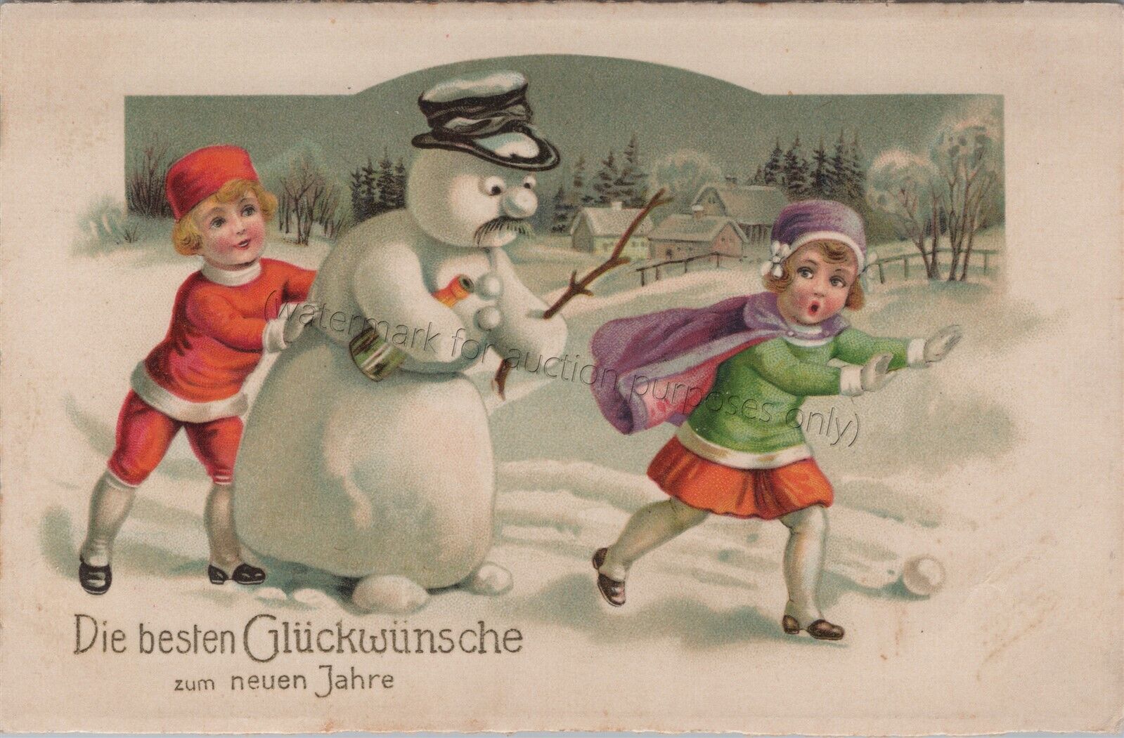 German Snowman w/ Mustache - New Year Holiday Vintage Illustrated Postcard 