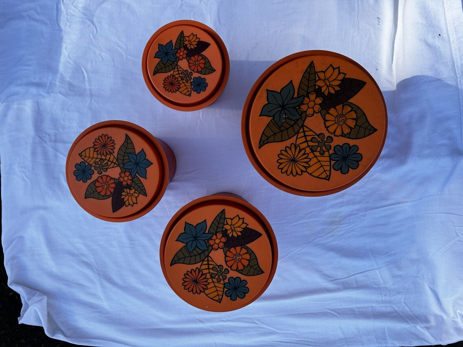Vintage Nesting Canisters 1970s Rubbermaid Orange Flower Power Set Of 4 MCM
