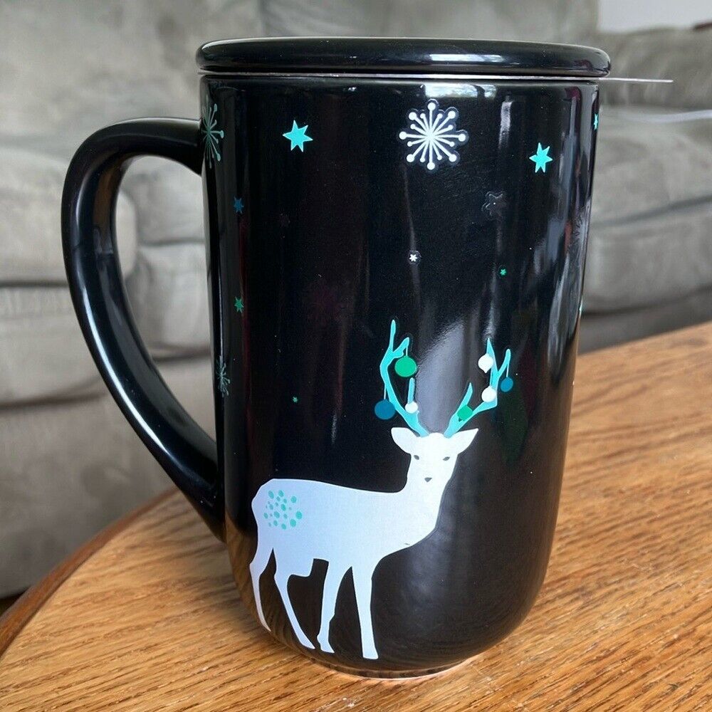 David’s Tea Colour Changing Mug with lid Reindeer Nordic winter with infuser