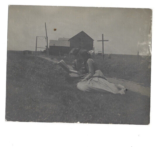 c.1900s Two Girls Reading On Grass Bible  RPPC Real Photo Postcard UNPOSTED