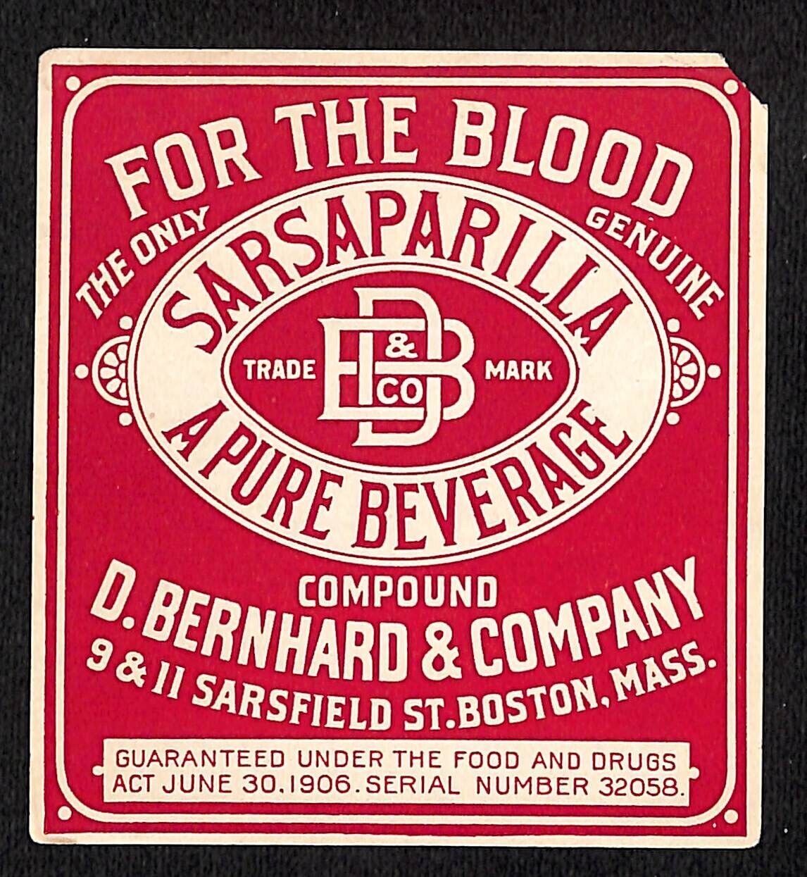D. Bernhard & Company Sarsaparilla Compound Boston c1910\'s-20\'s - Scarce