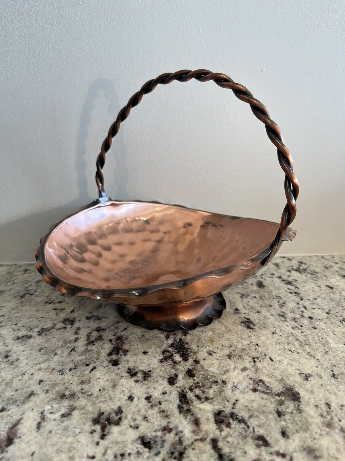 VTG Gregorian Solid Copper Footed Basket with Scalloped Edge and Woven Handle