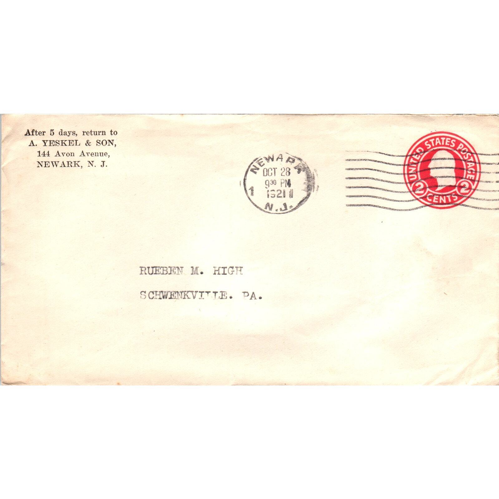 1921 A. Yeskel & Son Newark NJ to RM High Schwenksville Postal Cover TG7-PC3