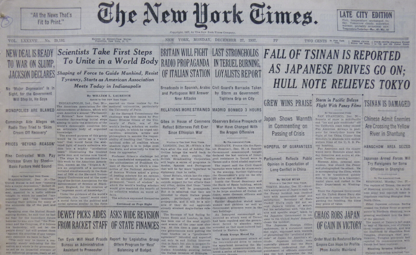 12-1937 December 27 FALL OF TSINAN IS REPORTED AS JAPANESE DRIVE GO ON. TOKYO