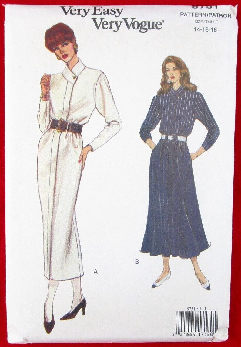 NOS Very Easy Very Vogue Pattern 8751, 2 Lower Calf Dresses, 14-16-18, Uncut
