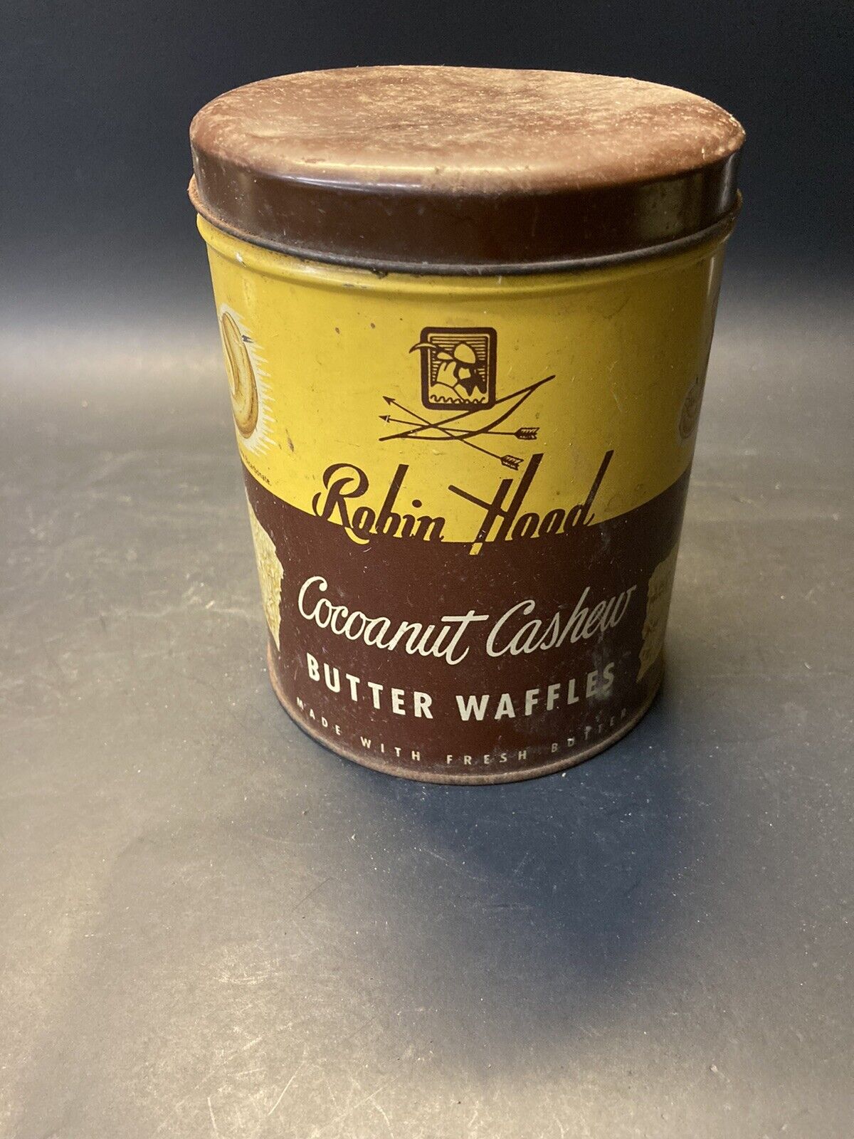 Vintage 1950s Robin Hood Coconut Cashews Butter Waffles Advertising Tin Can 