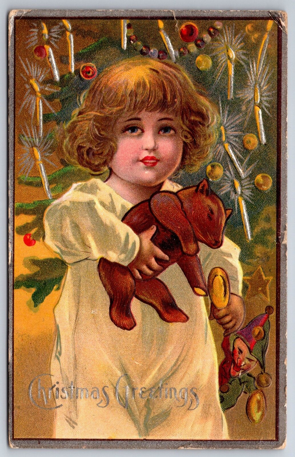 Christmas~Cute Lil Girl w/ Steiff Teddy Bear~Decorated Tree~Silver Emb~Nash~1912