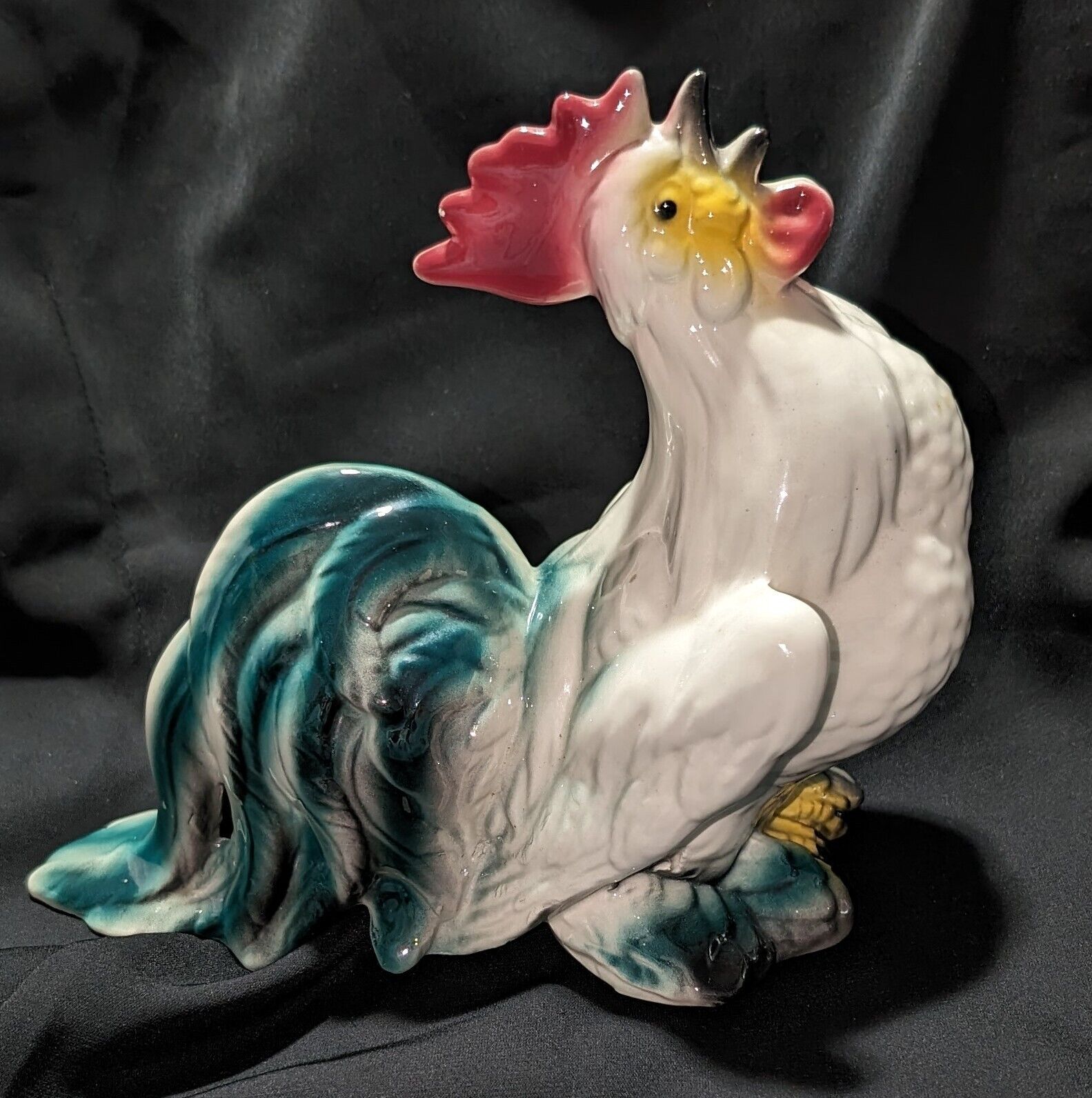 Vtg Colorful Crowing White Rooster With Teal Sweeping Tail Feathers  6.5” Tall