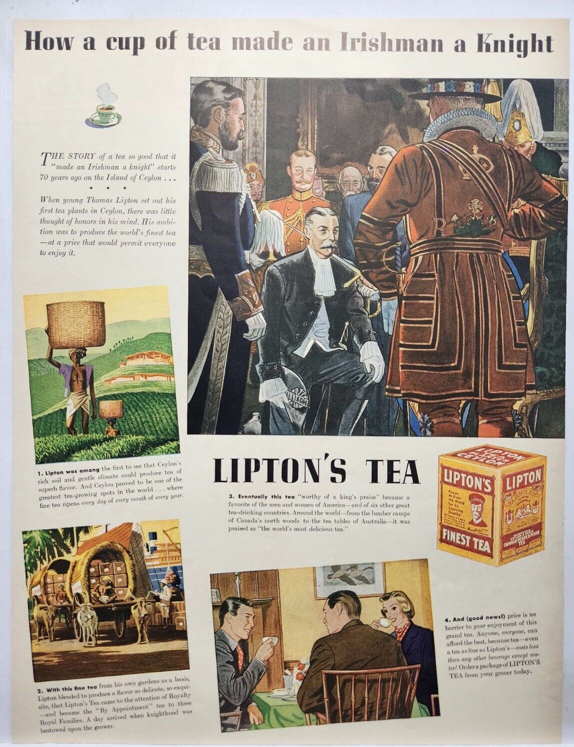 1938 Liptons Tea Irishman Knight Vintage Print Ad Man Cave Poster Art 30\'s