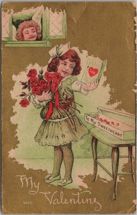 Vintage VALENTINE'S DAY #5002 Postcard Girl with Red Roses / 1911 Cancel