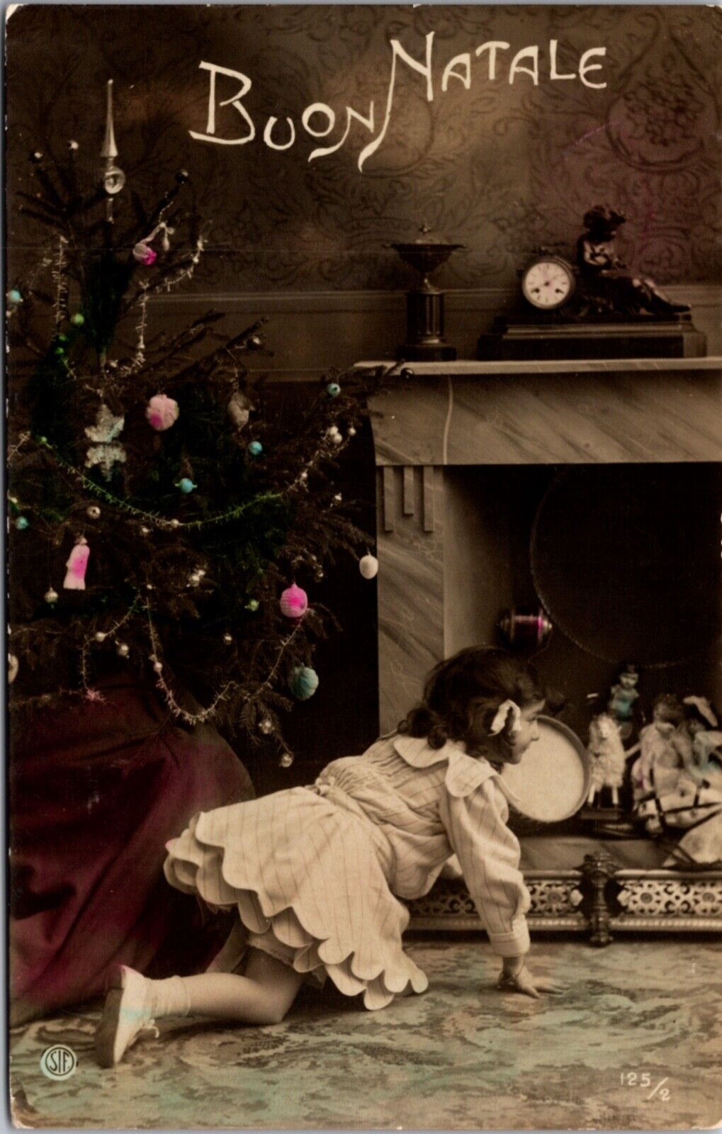Hand Colored Real Photo Postcard Decorated Tree Little Girl Fireplace of Toys