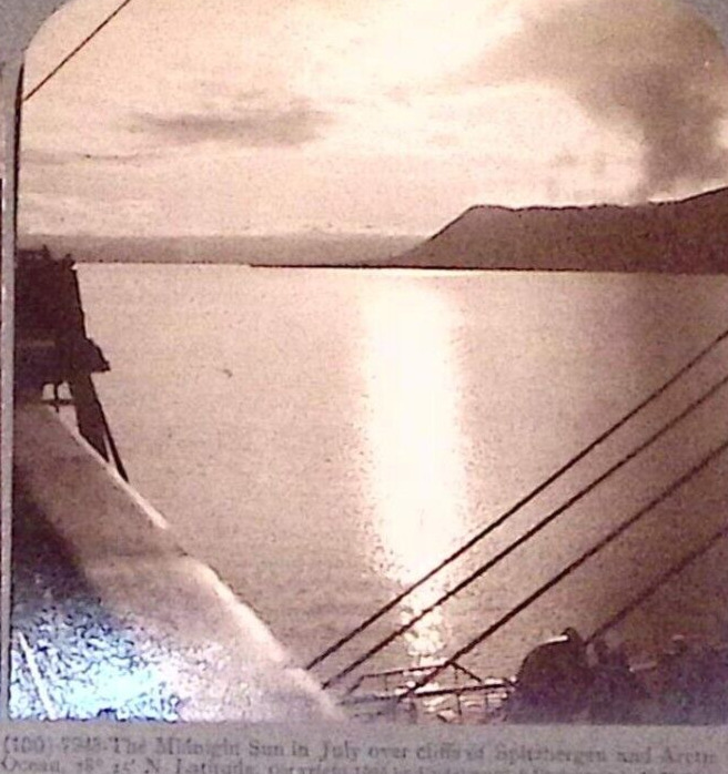 1906 MIDNIGHT SUN IN JULY CLIFFS OF SPITZBERGEN IN ARTIC OCEAN STEREOVIEW Z3126