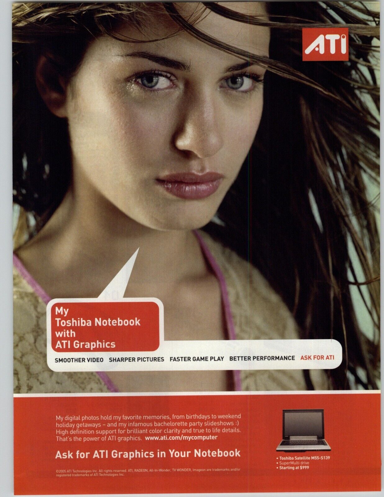 2005 ATI Graphics Card Toshiba Notebook Vintage Ad Pretty Brunette Blue Eyes Pic