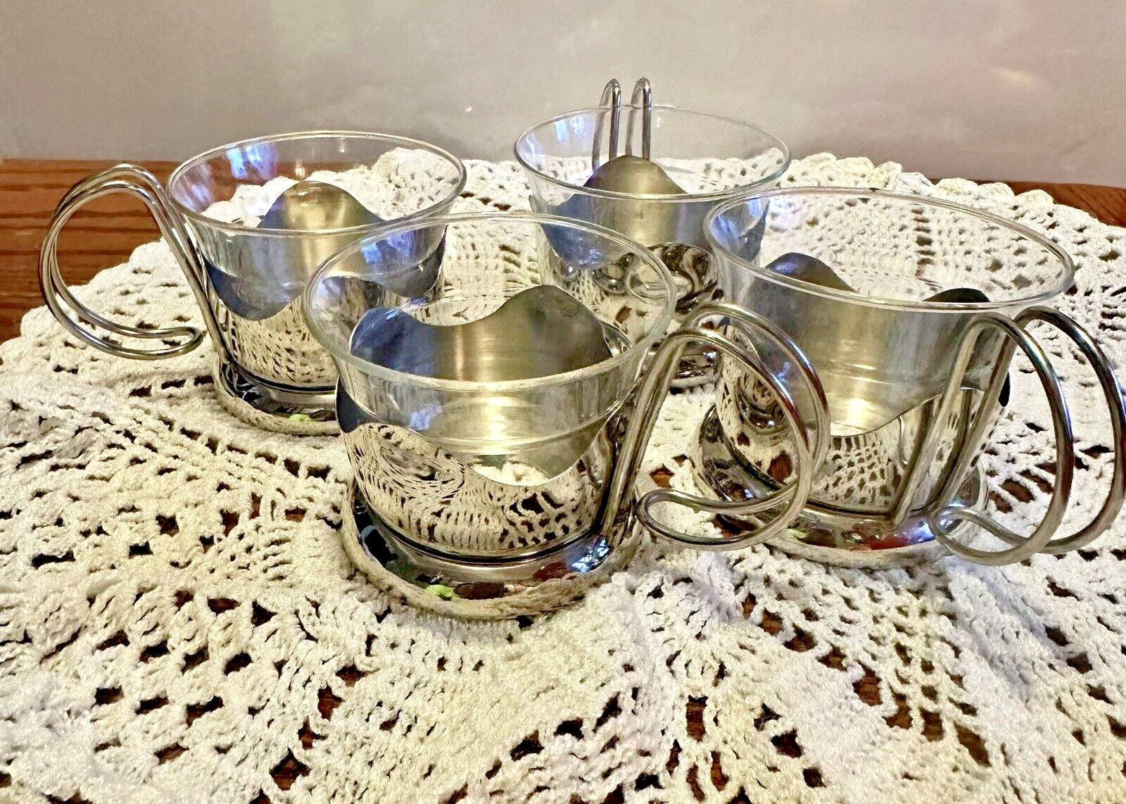 Scott Mainz Jena Germany Vintage 4 set glass cups with insert stainless holders