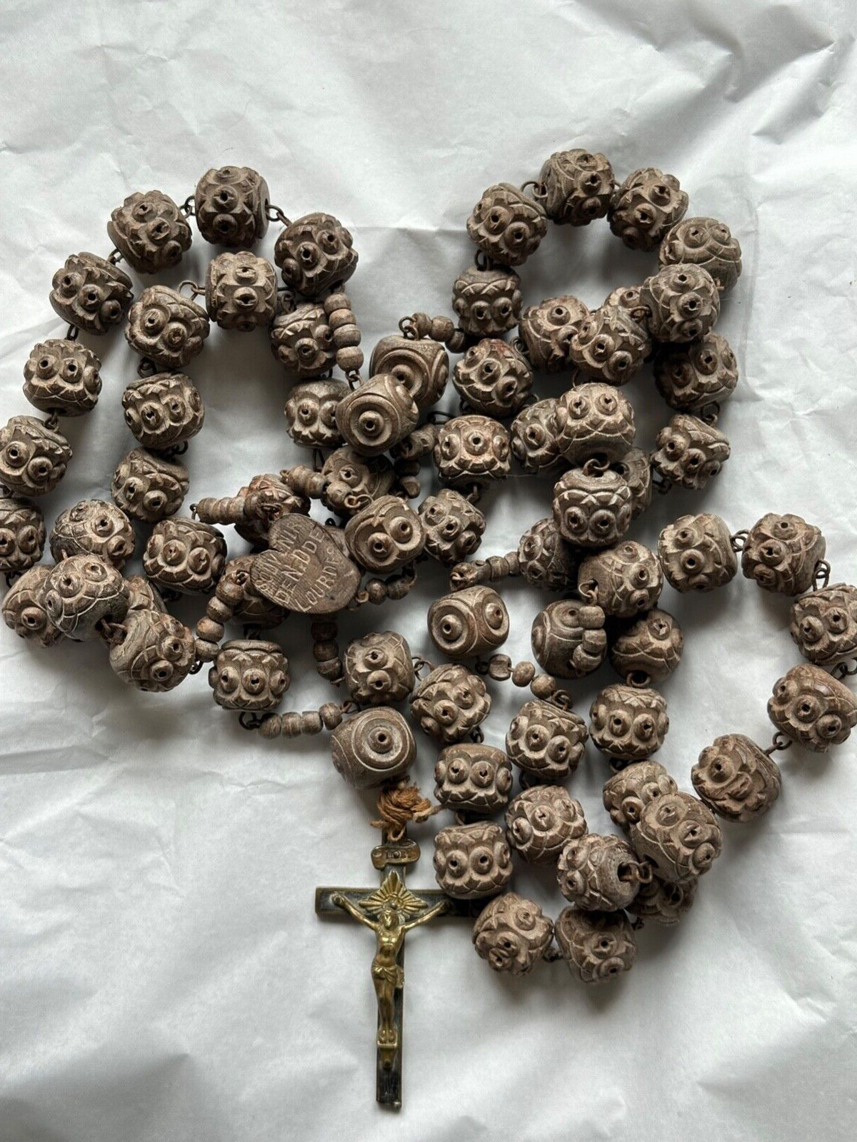 Massive French Antique Wooden Pilgrimage Belt Rosary with hand Carved beads