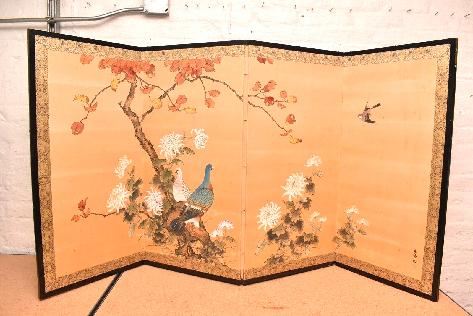 Japanese VTG 4 Panel Folding Screen Asian Byobu Painted Chinese 70x35 Antique-