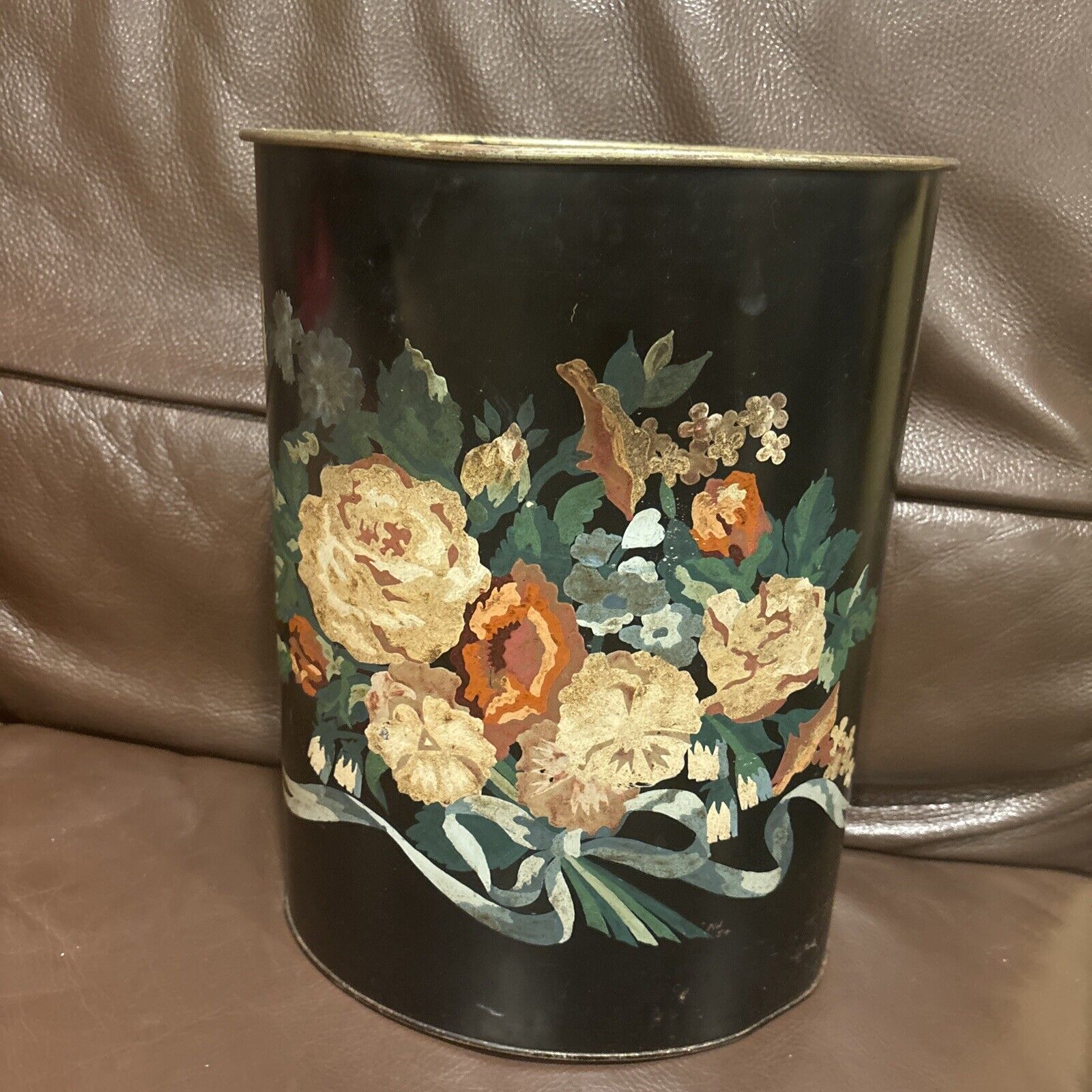 Vtg Waste Basket Trash Can Metal Tin Floral Flowers Mid Century 1960\'s Very Nice